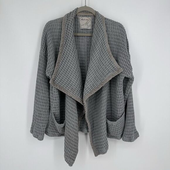 Mod-o-doc Waffle Knit Open Front Cardigan Pockets 100% Cotton Gray Women’s Large - Picture 1 of 9